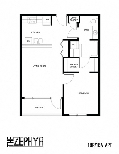 Floor plan for 1 bed, 1 bath